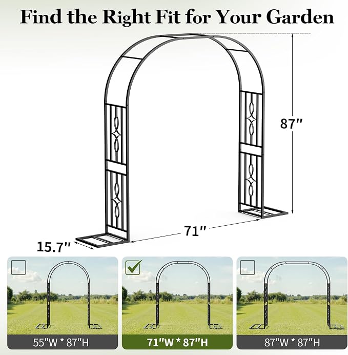 Metal Garden Arch, Heavy Duty Garden Trellis for Climbing Plants, with Enlarged Base for Stability, Perfect for Wedding Arches & Bridal Party Decorations, 71" W x 87" H