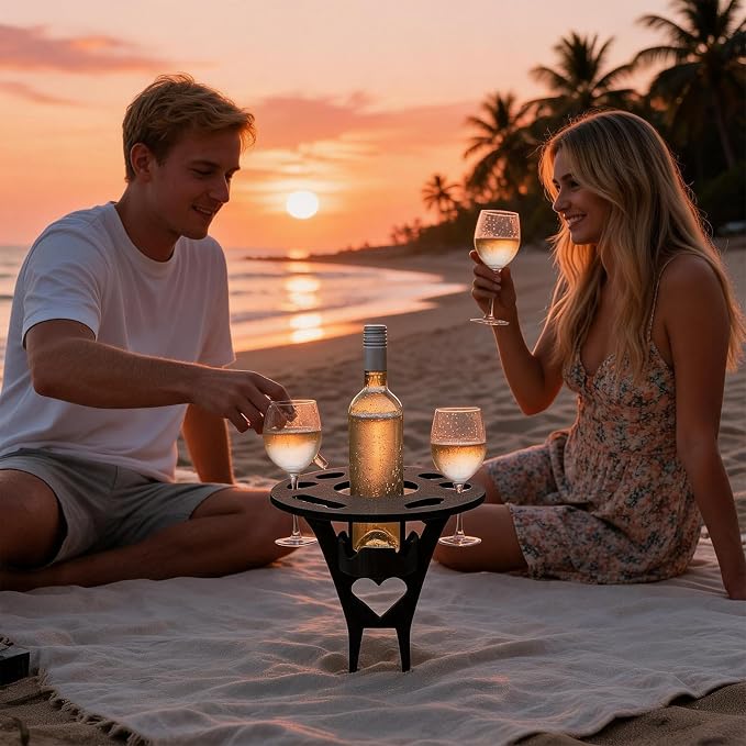 Foldable Wine Table Outdoor, Portable Mini Wooden Picnic Table Wine Glass Holder for Beach BBQ Camping Yard Lawn Party