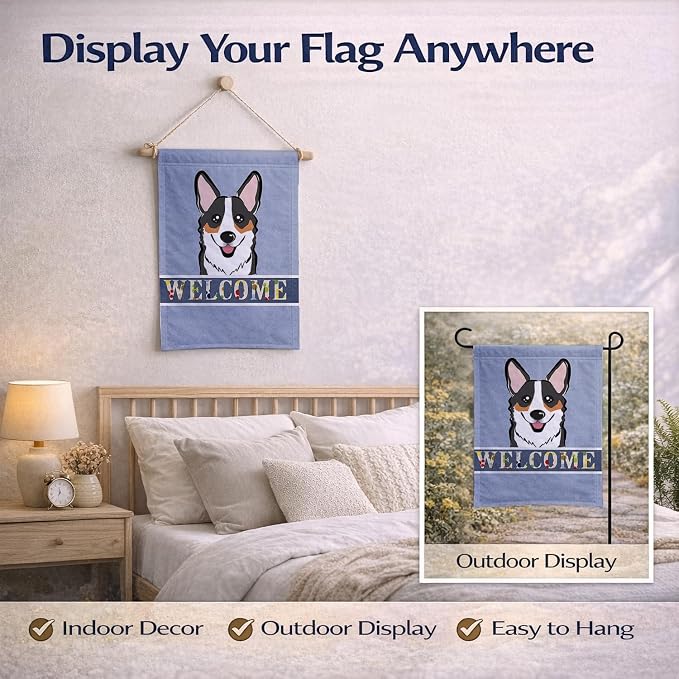 Caroline's Treasures BB1441GF Tricolor Corgi Welcome Garden Flag, Blue Mailbox Flag Decorative Yard Flag Banner Outside Patio Artwork Yard Flower Beds, Garden Size, Multicolor