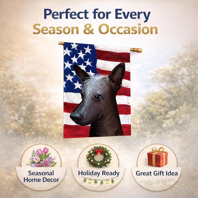 Caroline's Treasures CK6614CHF Mexican Hairless Dog American Flag House Flag Large Porch Sleeve Pole Decorative Outside Yard Banner Artwork Wall Hanging, Polyester, House Size, Multicolor