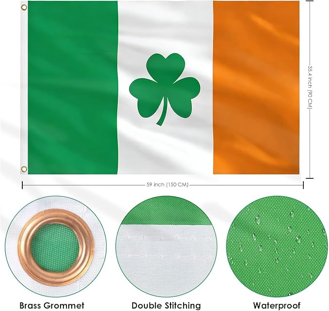 AhfuLife Irish Shamrock Flag Banner 3x5 Ft for St Patrick's Day Decorations, 1 Pc Large Ireland Shamrock Flag - Double Sided with Brass Eyelets for Irish National Day, Outdoor Indoor Garden Decor