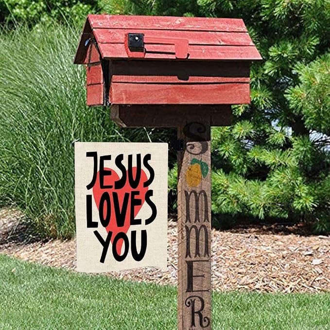 EMMTEEY Double Sided Easter Garden Flag 12.5X18 Inch Yard Outdoor Decor Garden Flag Jesus Loves You Lettering Design Housewarming Modern Red Heart White Garden Flag