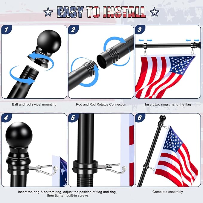 Flag Pole for House, REERON 6 FT Stainless Steel Spinning Flagpole Kit, 1" Rustproof Porch Flag Pole with 360° Tangle Free Metal Flagpole Ring for Residential Outdoor Sport for 3x5 Flag,Without Holder