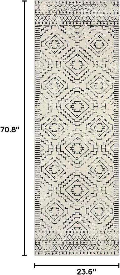 Wonnitar Moroccan Washable 2x6 Runner Rug for Hallways, Non-Skid Carpet Runners for Kitchen, Boho Farmhouse White Non-Shedding Laundry Room Throw Mat for Bathroom Closet Bedroom (Beige,2'x6')
