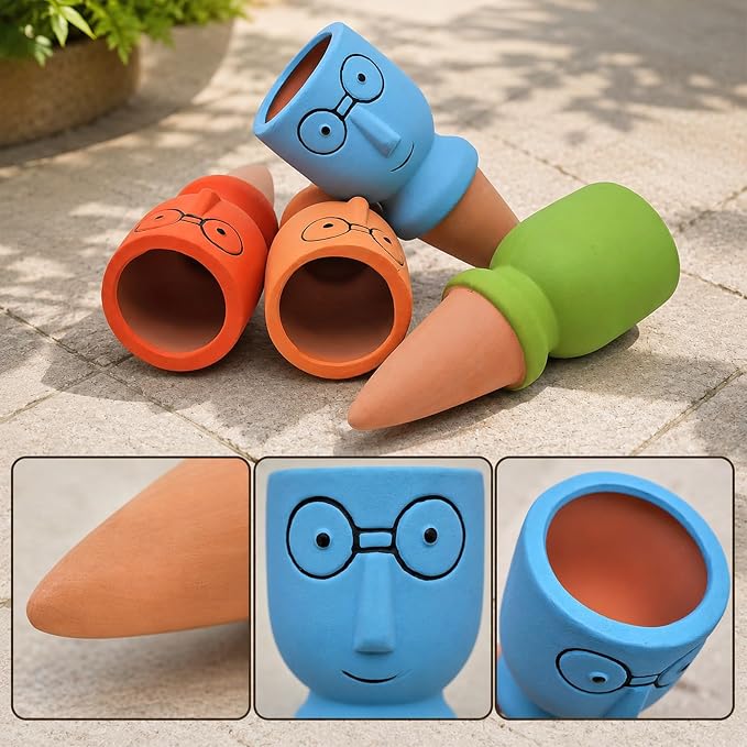 Terracotta Watering Spikes 4 Pack, Cute Self Watering Plant Spikes, Clay Plant Watering Devices, Slow Release Self Watering Planter Insert for Indoor Outdoor Potted Plants (Big Head)