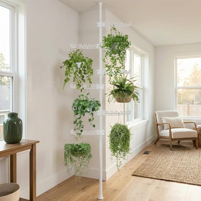 Tension Rod Plant Stand, Plant Poles for Hanging Plants Indoor, Metal Floor to Ceiling Hanging Plants Stand, Tension Pole Plant Stand with 6 Hooks (Fit 3.6-10ft), White