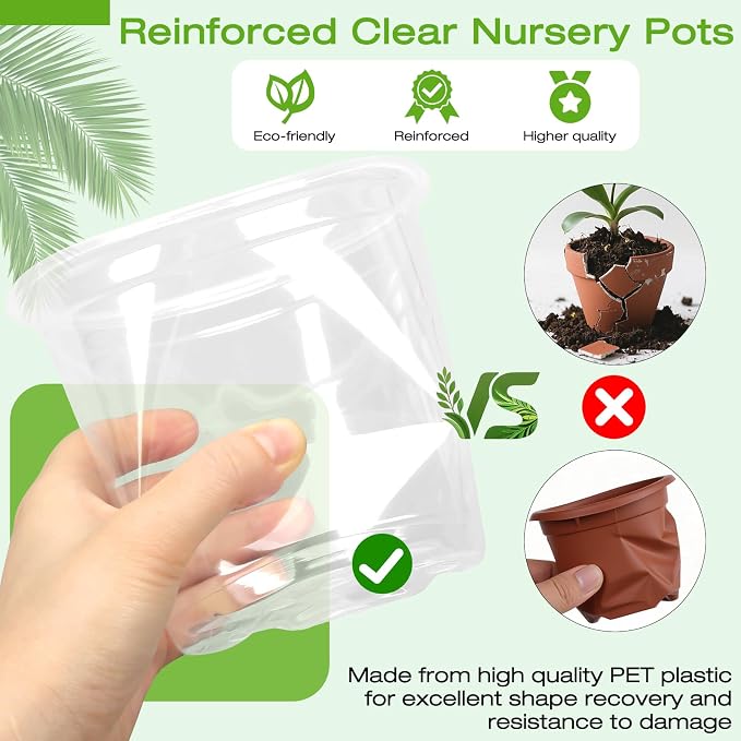 5 Inch Clear Nursery Pots with Drainage Trays, 15 Pack Plastic Pots for Plants, Clear Pot for Seed Starting, Transplanting, Succulents, and Indoor Gardening (5 inch)