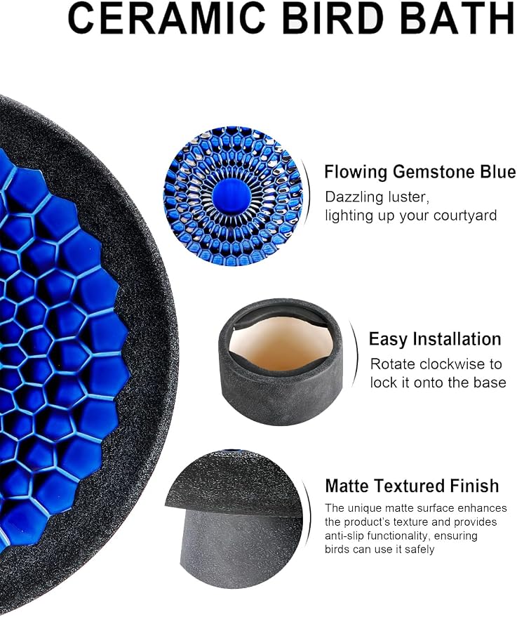Ceramic Bird Bath for Outdoors – 21.5 Inch Heavy Duty, Diamond Blue Design for Garden & Patio Décor, Perfect for Bird Watching & Outdoor Spaces
