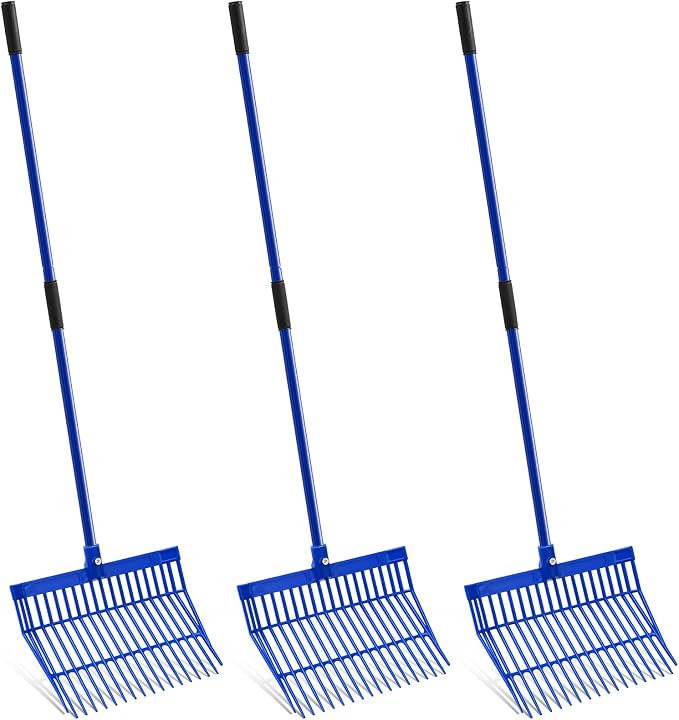 Lasnten 3 Sets Manure Fork with Long Handle, ABS Plastic Head & Metal Handle, Pitch Fork Manure Rake Heavy Duty Muck Rake for Gardening Horse Stable Grass Hay Cleaning Farm Work (Blue,Normal Grip)