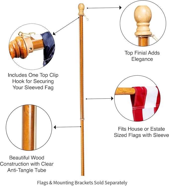 Evergreen Set of 2 Flag Poles, 56" Solid Wood Flag Pole with One Clip and Anti-Wrap Tube for 3'x5' Estate Flag with Pole Sleeve, Outdoor Weatherproof Use for Residential or Commercial