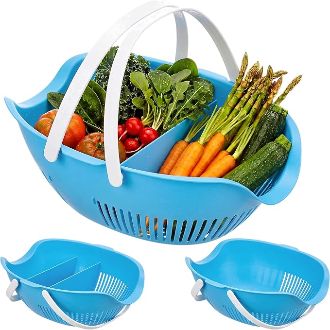 Nuogo 3 Pcs Garden Harvest Basket Removable Partitions with Tool Caddy for Collecting Carrying and Cleaning Harvesting Basket Doubles Colander for Vegetables and Fruits Garden Accessories(Blue)