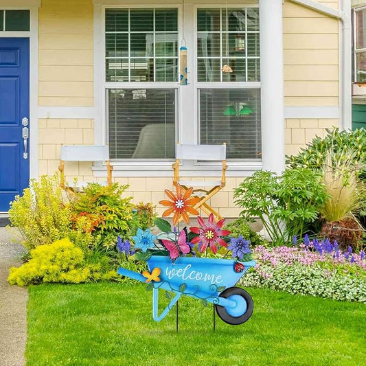 YEAHOME Garden Decor for Outside, 25” Decorative Garden Stakes Metal Wheelbarrow with Flowers for Spring Decor, Butterfly Cart Welcome Yard Signs for Outdoor Lawn Backyard Porch Pathway Decorations