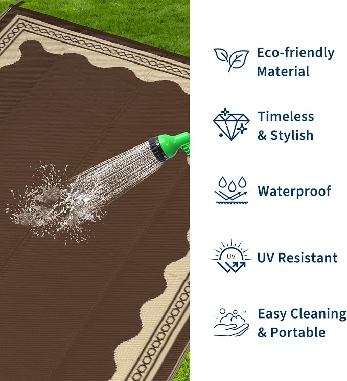 Garvee Large Outdoor Rug 10x14 Scalloped Waterproof Patio RV Outdoor Rugs Reversible Foldable Plastic Straw Rug Modern Camping Carpet for Deck Camper Porch Balcony Backyard Picnic Beach Brown
