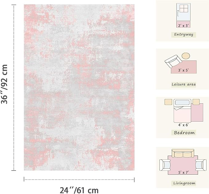 Latte&Fog Washable Entryway 2x3 Pink Area Rug Modern Abstract Kitchen Rug | Low Pile Non Slip Soft Throw Rug Doormat for Entrance Bathroom Laundry Bedroom Nursery Playroom Hallyway Dorm Decor Office