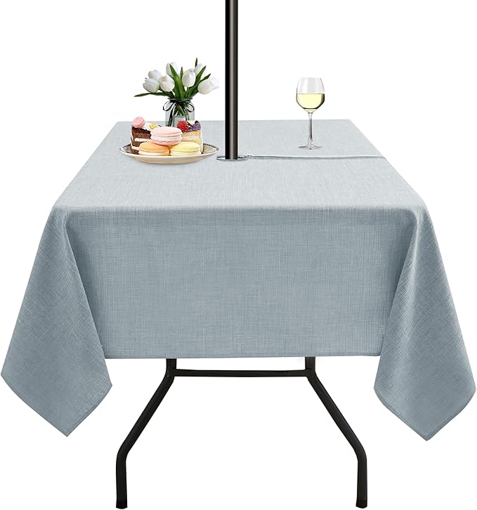 LUSHVIDA Outdoor Tablecloth with Umbrella Hole - Patio Table Cloth Zippered Square 60x60 Inch, Light Gray Linen-Look Polyester Table Cover Water Resistant for Picnic Outside