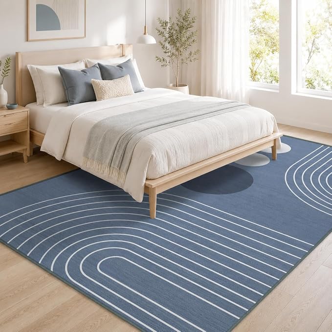 Boho Rug 4x6 Modern Geometric Minimalist Abstract Area Rug for Living Room Dusty Blue Mid Century Modern Contemporary Machine Washable Non-Slip Printed Low-Pile Carpet Dining Room Bedroom Office