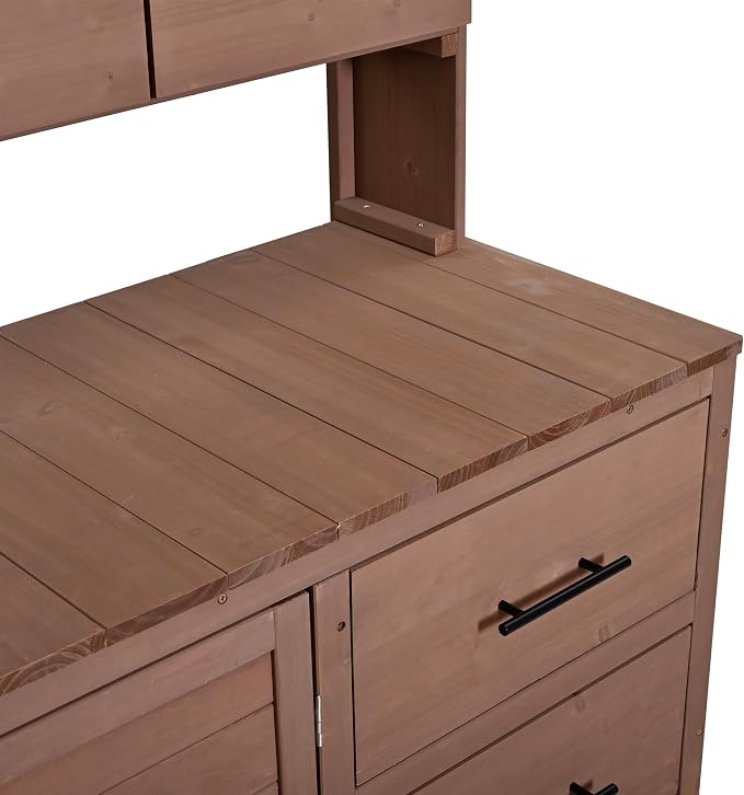 Merax Farmhouse Potting Bench with 6 Drawers, 44.6” Large Garden Workstation, Outdoor Kitchen Island with Bottom Cabinet & Hooks, Freestanding Patio Furniture,Brown