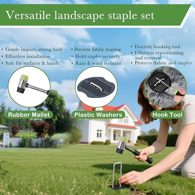 6 Inch Landscape Staples Set, 11 Gauge Galvanized U-Shaped Garden Stakes (200 Pack) with 200 Gaskets, Hook Tool & Rubber Mallet for Weed Fabric & Landscaping