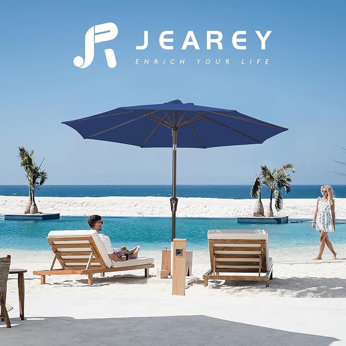 JEAREY 9FT Outdoor Patio Umbrella Outdoor Table Umbrella with Push Button Tilt and Crank, Market Umbrella 8 Sturdy Ribs UV Protection Waterproof for Garden, Deck, Backyard, Pool (Dark Blue)