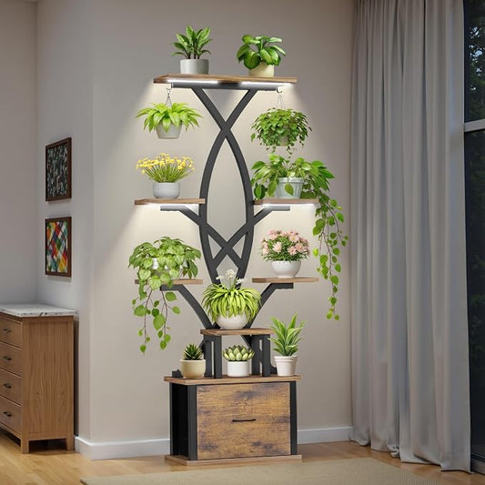 Plant Stand Indoor with Grow Lights - 8 Tiered Plant Shelf with Storage Drawer, 65" Tall Plant Shelf with Grow Light & 2 Hooks, Corner Plant Stand for Indoor Plants, Metal Plant Holder for Home, Patio