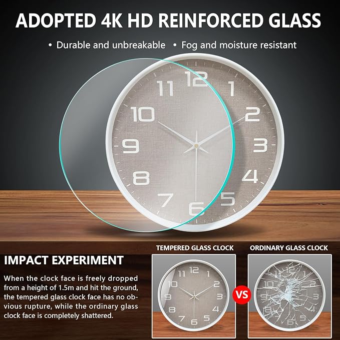 Silent Wall Clock with Large Numbers, 10 Inch Battery Operated Analog Clock with Tempered Glass Burlap Texture Non-Ticking Wall Clocks for Living Room Bedroom Kitchen Office Classroom,White