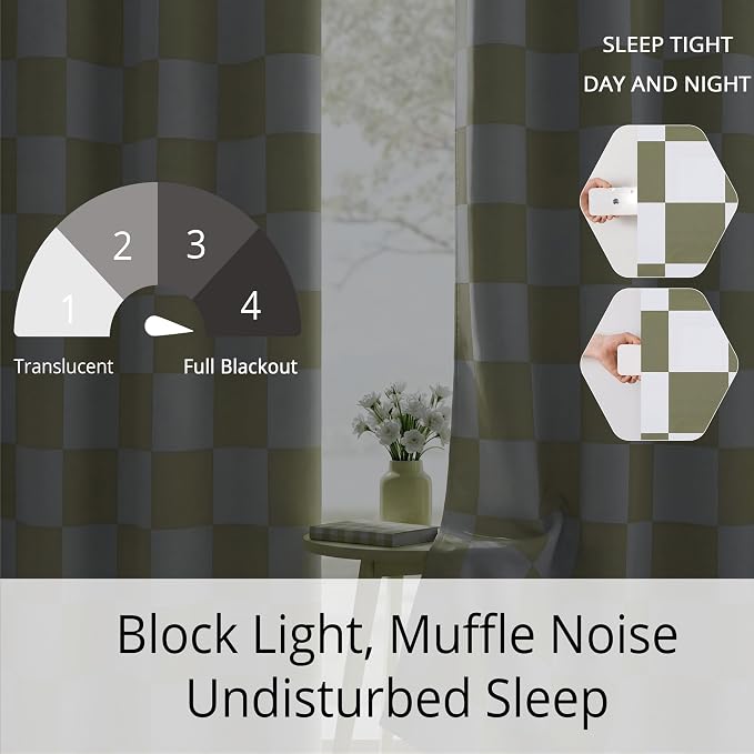 100% Blackout Checkered Curtains – 2 Panels, Each W52×L84, Thermal Insulated, Nosie Reducing for Bedroom, Modern Sage and White Checkerboard Design