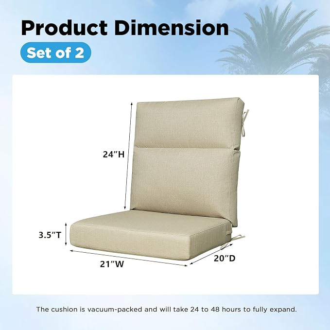 Outdoor Patio Chair Cushions 44x21x3.5 inch, Set of 2 Thicken Comfy Cushions for Rocker Non Slip Fade Shield Water Repellent High Back with Ties, Linenweave Tan