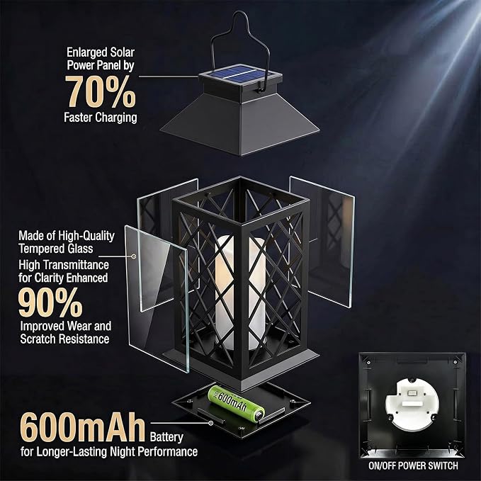 Solar Lanterns Outdoor Waterproof, 2 Pack 14'' Large Tempered Glass Outdoor Lanterns with Flameless Candle, Solar Hanging Lantern Decorative for Patio Porch Garden Table Deck Outside - Black