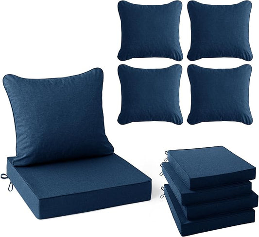 Summsun Outdoor Chair Cushions, Faux Linen Backrest and Seat Cushion Set for Patio Furniture with Weather Resistant Removable Cover, Straps, Non-Slip Bottom, 19 x 19 Inch, Navy, Set of 4