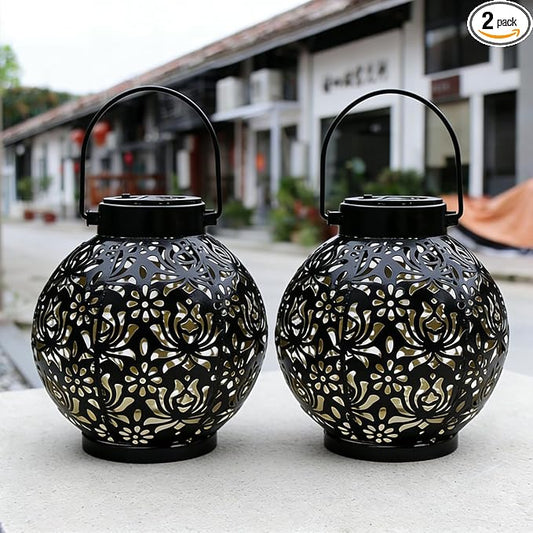 2 Pack Solar Lanterns Outdoor Gifts, IP44 Waterproof Hanging Solar Lights Decor Lamp for Garden, Patio, Pathway, Yard, Porch (Classic Black Flower)