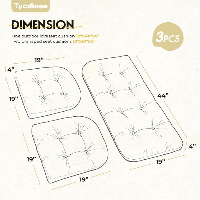 All Weather Wicker Chair Cushions of 3 Pieces, Waterproof Outdoor Wicker Chair Cushion for Patio Furniture Loveseat Settee Bench, 1 Loveseat and 2 U-Shaped Thickened Cushions, Khaki