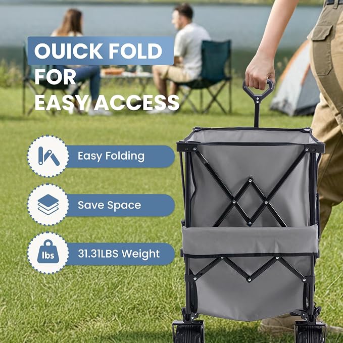 NEWBULIG Large Capacity Wagon Carts Foldable, 440LB Heavy-Duty Double Decker Wagon with All-Terrain Wheels, Portable Storage Shopping Cart for Groceries, Camping, Sports, Beach, Garden