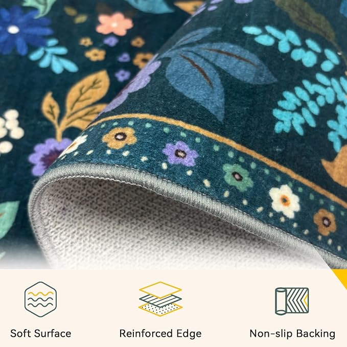 RELEANY Floral Washable 8x10 Area Rugs Teal/Purple | Flower Carpet, Print, Boho, Non-Slip, Easy to Clean, Soft, Low Pile for Living Room Bedroom Kitchen Office Entryway Hallway