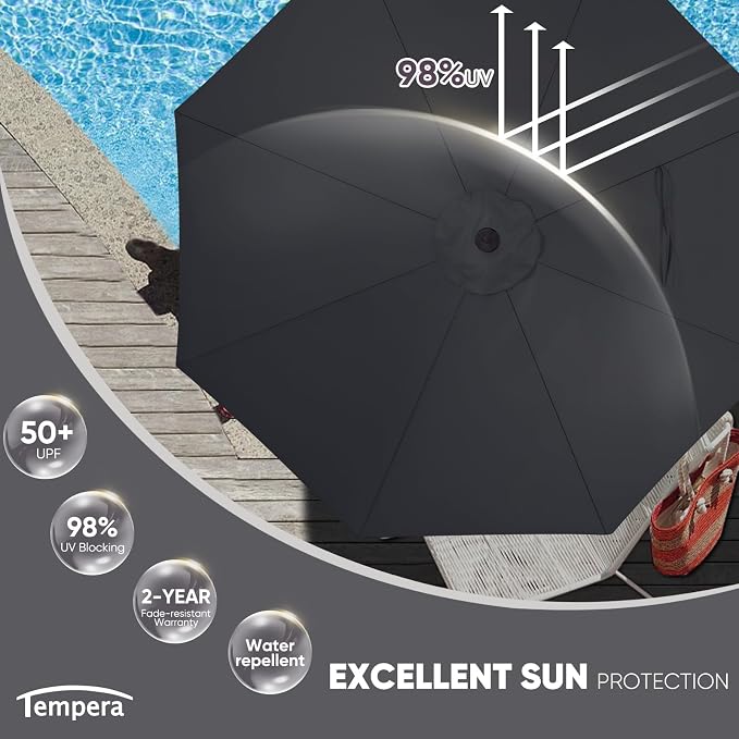 Tempera Patio Market Outdoor Table Umbrella with Push Button Tilt and Crank, Large Sun Umbrella with Sturdy Pole & Fade Resistant Canopy, Easy to Set