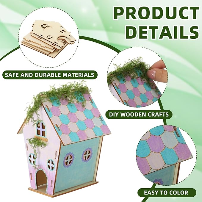 DoubleFill 3 Sets Wooden Fairy House Craft Kit for Kids - Classroom DIY Fairy Garden with Paints & Decorations - School Arts Crafts & Birthday Gift for Activity Party Decor (Classic Style)