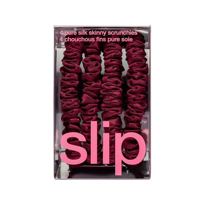 Slip Silk Hair Ties — Skinny Silk Maroon Scrunchies, No Damage, No Crease, Anti-Breakage |100% Mulberry Silk | All Hair Types | Made with Proprietary Slipsilk™ | Set of 4