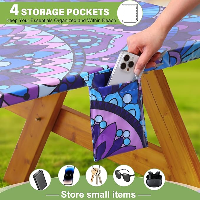 Wrakus Picnic Table Cover with Bench Covers Vinyl Elastic Edges Fitted Rectangle Tables Seat Waterproof 3-Piece 96X30in Set Outdoor Rectangular Folding Backing Tablecloth Camping Over Size Mandala