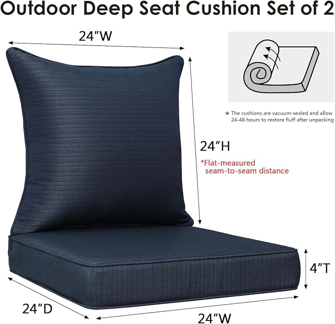Unimatta Outdoor Patio Chair Cushions Set, 24" x 24"(24x24 Back), Set of 2, Water-Repellent, Fade Resistant, Deep Seat Bottom and Back Cushion for Backyard, Couch, Sofa, Dark Blue Linen