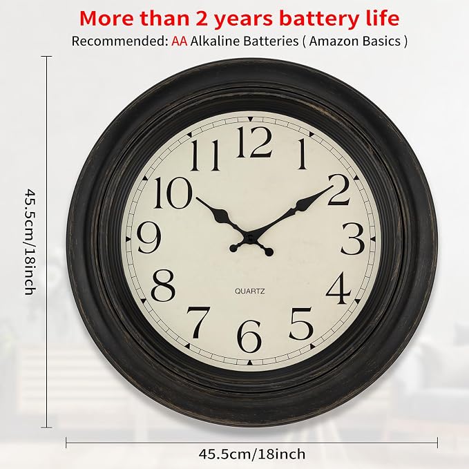 Foxtop Large Wall Clock 18 Inch Silent Non Ticking Battery Operated Classic Vintage Retro Wall Clock Decorative for Living Room Kitchen Home Office (Bronze)