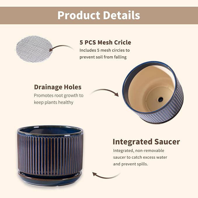 SURE YUESI Ceramic Plant Pots Set of 3, Indoor Outdoor Planters with Drainage Hole and Saucer, Ceramic Flower Pots for Indoor Plants, 4.3+5.5+6.8 Inch, Home, Garden, Patio and Office, Glossy Blue