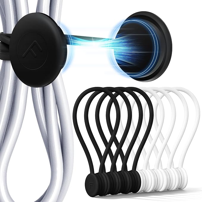 COOLMI Magnetic Cable Ties 8 Pack, 6.88 Inch Reusable Silicone Cord Organizer Wraps, Strong Magnet Cable Management Straps for Charging Cords, USB Cables, Earbuds, Desk, Travel, Black and White