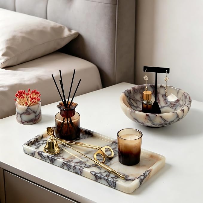 Luxury Natural Rectangle Marble Tray – 11.8 x 5.9-Inch Calacatta Viola Stone Vanity Tray, Modern Makeup Organizer for Perfume Skincare Products, Decorative Tray for Bathroom Coffee Table & Dresser
