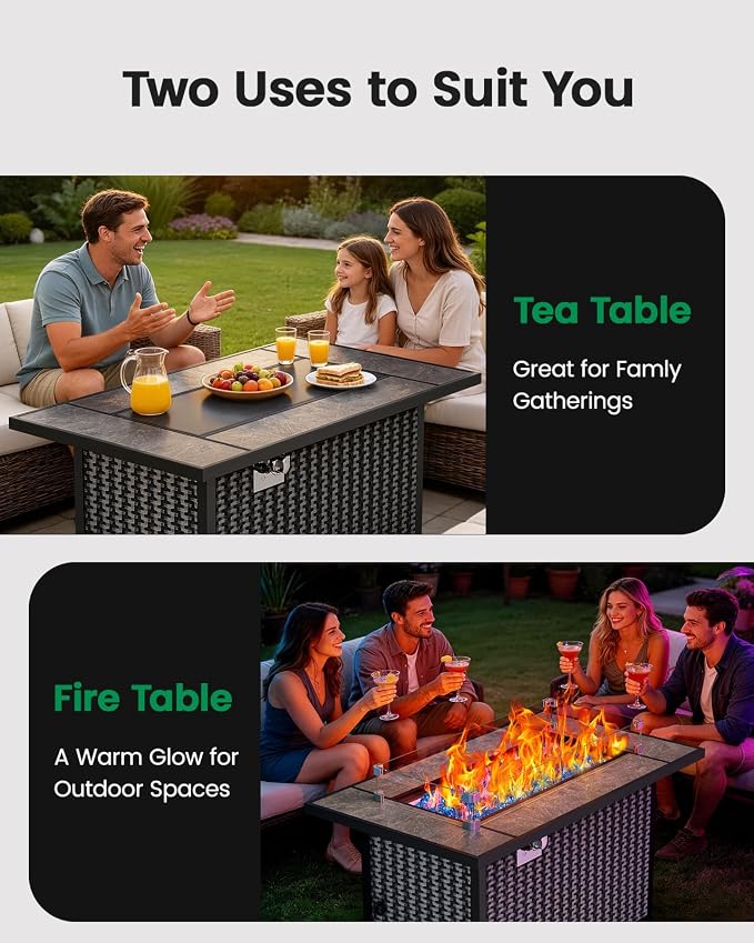 Ciays 43″ Fire Pit Table, Outdoor Propane Fire Pit Table with Premium Ceramic Tabletop, Glass Wind Guard, Lid, Glass Rock, 50,000 BTU CSA-Certified Gas Fire Pits for Outside Patio, Party, Deck