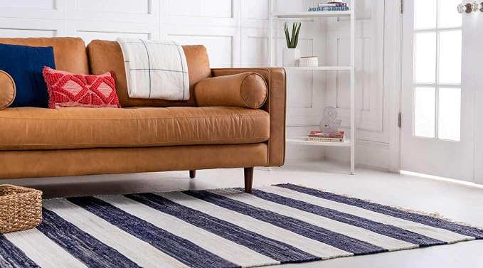 Unique Loom Chindi Rag Collection Area Rug - Striped (4' 1" x 6' 1" Rectangle, Navy Blue/ Ivory)