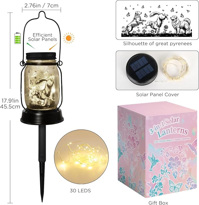 kyoryuger Great Pyrenees Gifts for Women/Men Great Pyrenees Dog Solar Lanterns Mom Birthday Dog Lovers Lantern Pet Loss Pet Memorial Lights Solar Garden Decor Yard, Patio,Backyard,Porch Torches Light