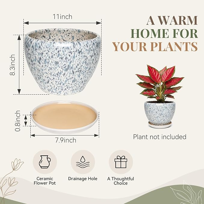 11 Inch Ceramic Plant Pot with Drainage Hole Mesh Net, Large Gardening Pots for Indoor Plants with Saucer, Spotted Blue