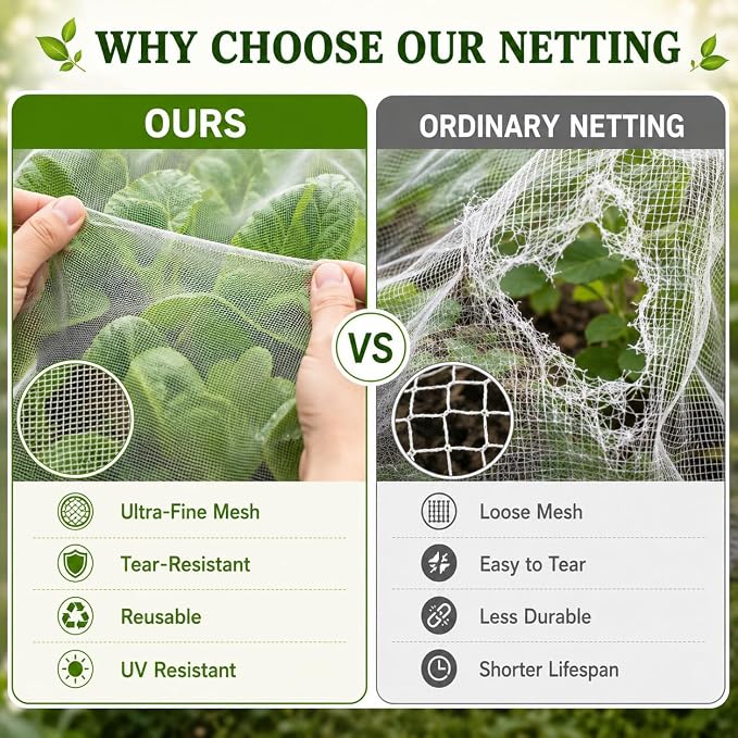 HOOPLE Garden Netting 10 FT x 50 FT, Ultra-Fine Mesh Plant Cover, Bug Netting for Garden, Insect Pest Barrier Row Cover for Vegetables, Fruits & Raised Beds, Lightweight Breathable Garden Mesh Netting