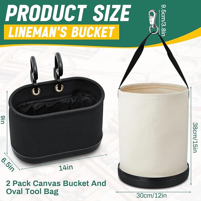 2 Pack Canvas Bucket & Oval Tool Bag, Bucket Tool Organizers with Reinforced Bottom and Hook for Lineman Electrician Construction Workers (White + Black)