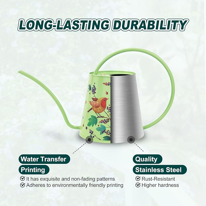 Berry&Bird House Plants Watering Can - Indoor & Outdoor 1/2 Gallon Stainless Steel Water Can with Long Spout Garden Decoration for Flower Bonsai Succulent Gardening Large Watwer Bottle(2L/Robin)