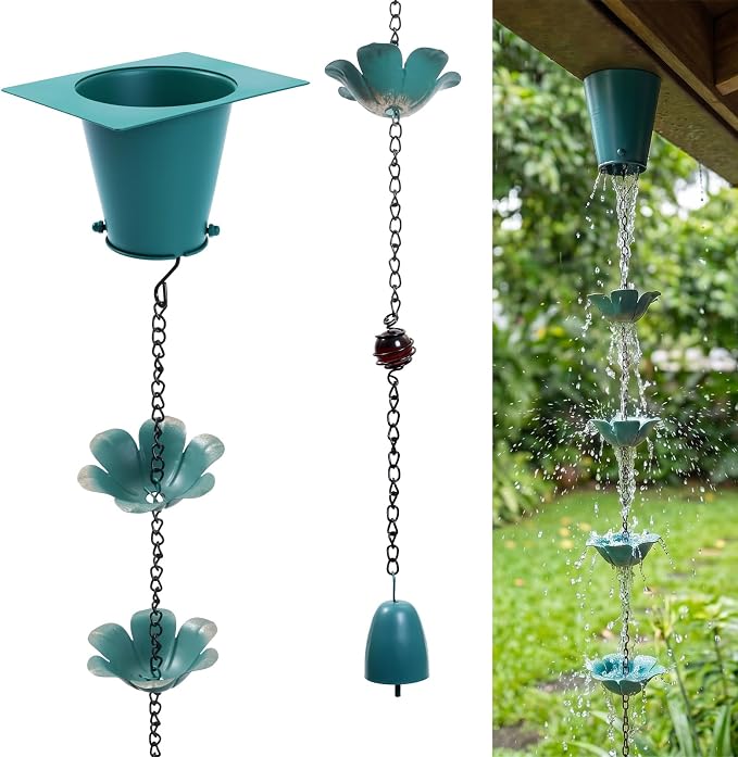 Blue Flower Rain Chain - 8.2FT Iron, 16 Flower Cups, Glass Marble & Bell, Gutter Adapter Included, Outdoor Garden Decor
